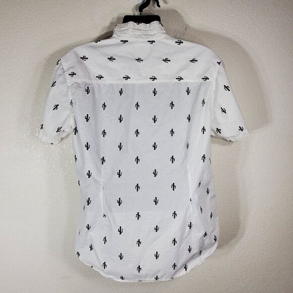 Carbon Mens Large White Saguaro Cactus Print Short-Sleeve Button-Up Shirt Cotton - Picture 2 of 9
